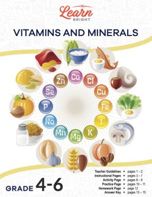 This is the title page for the Vitamins and Minerals lesson plan. The main image is a graphic of wheel of different foods (such as fish, pumpkin, pasta, fruit, and eggs) and the elements that they contain (such as calcium, iron, potassium, sodium, and zinc). The orange Learn Bright logo is at the top of the page.