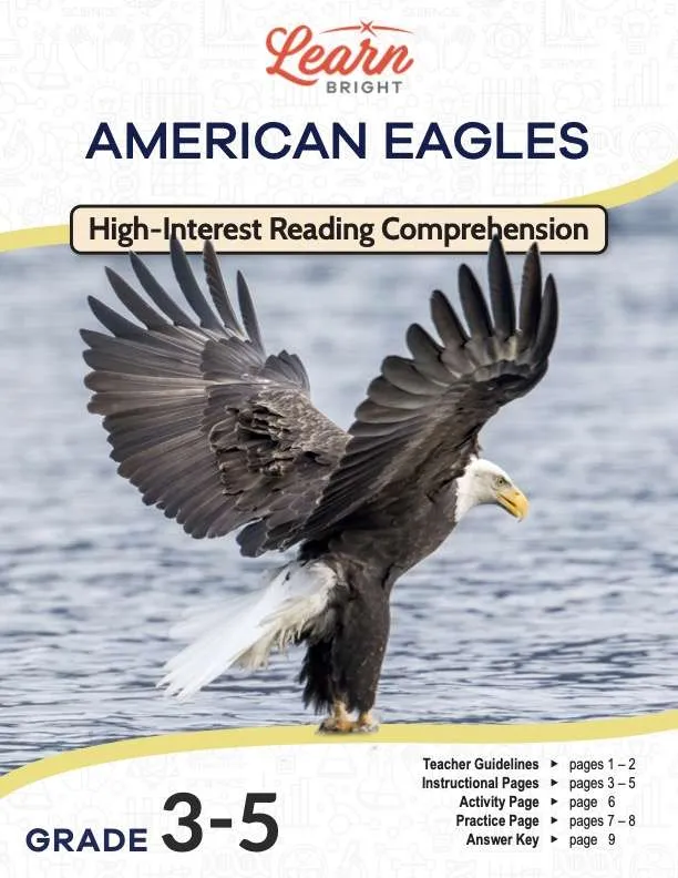 This is the title page for the American Eagles lesson plan. The main image is of a bald eagle near the water about to catch a fish. The orange Learn Bright logo is at the top of the page.