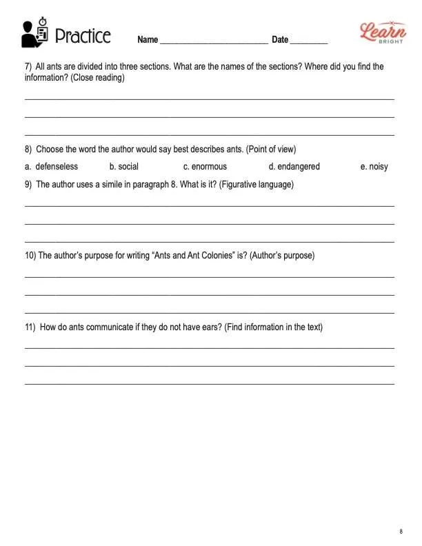 This is a practice worksheet for the Ants and Ant Colonies lesson plan. The orange Learn Bright logo is in the upper right corner of the page.