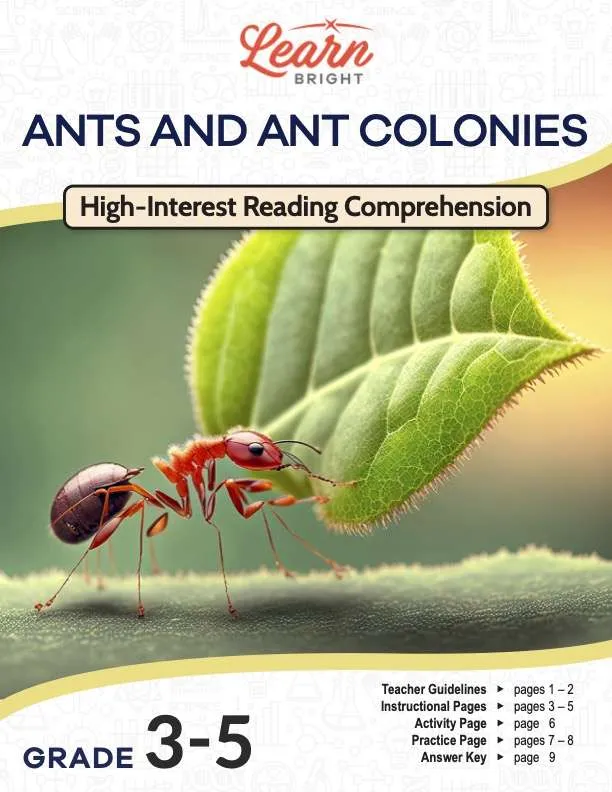 This is the title page for the Ants and Ant Colonies lesson plan. The main image is of an ant carrying a leaf. The orange Learn Bright logo is at the top of the page.