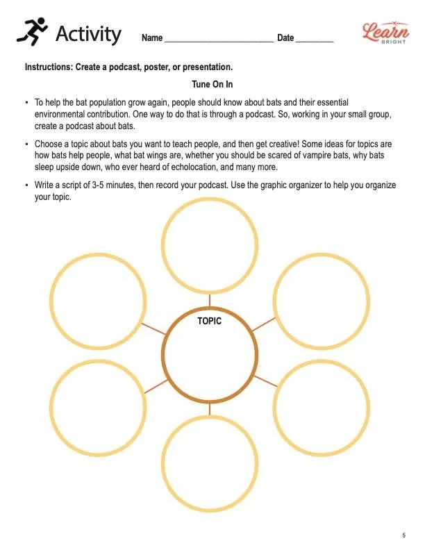 This is the activity worksheet for the Bats lesson plan. The orange Learn Bright logo is in the upper right corner of the page.