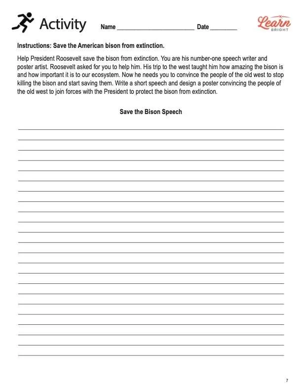 This is the activity worksheet for the Bison of the West lesson plan. The orange Learn Bright logo is in the upper right corner of the page.