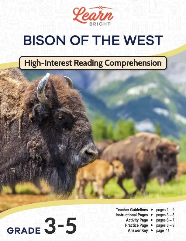 This is the title page for the Bison of the West lesson plan. The main image is of some bison in a meadow. The orange Learn Bright logo is at the top of the page.