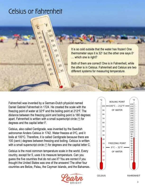 This is a content page for the This is the practice worksheet for the Celsius or Fahrenheit Advanced lesson plan. There is a picture of a thermometer popping out of the sand at a beach. The orange Learn Bright logo is at the bottom of the page.