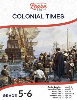This is the title page for the Colonial Times lesson plan. The main image is of a painting of ships sailing away from a port full of people on the dock. The orange Learn Bright logo is at the top of the page.