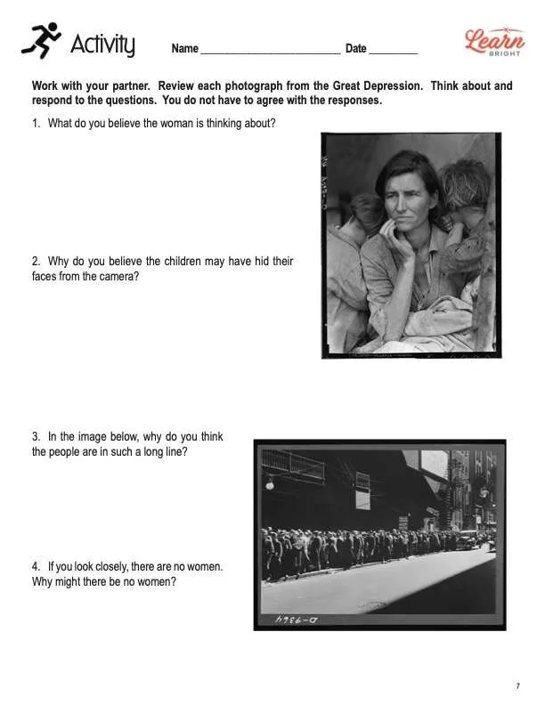 This is an activity worksheet for the Great Depression lesson plan. There are black and white photographs from the Great Depression period. The orange Learn Bright logo is in the upper right corner of the page.