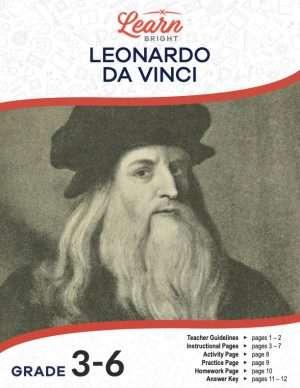 This is the title page for the Leonardo da Vinci lesson plan. There is a picture of a painting of Leonardo da Vinci in sepia tone. The orange Learn Bright logo is at the top of the page.