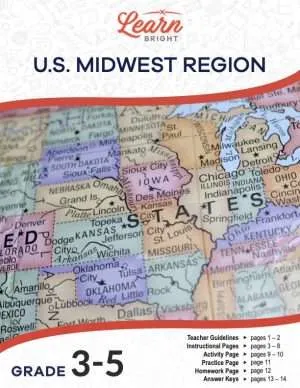 This is the title page for the United States Midwest Region lesson plan. The main image is of a map showing the states in the midwestern area of the US. The orange Learn Bright logo is at the top of the page.