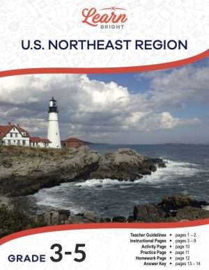 This is the title page for the United States Northeast Region lesson plan. The main image is of a lighthouse on a coast with waves crashing against the cliffside. The orange Learn Bright logo is at the top of the page.