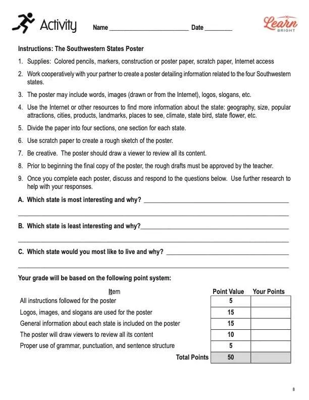 This is the activity worksheet for the United States Southwest Region lesson plan. The orange Learn Bright logo is in the upper right corner of the page.