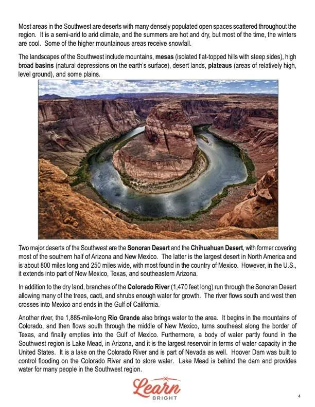 This is a content page for the United States Southwest Region lesson plan. There is a photo of the famous part of the Colorado River that loops around in the Grand Canyon. The orange Learn Bright logo is at the bottom of the page.
