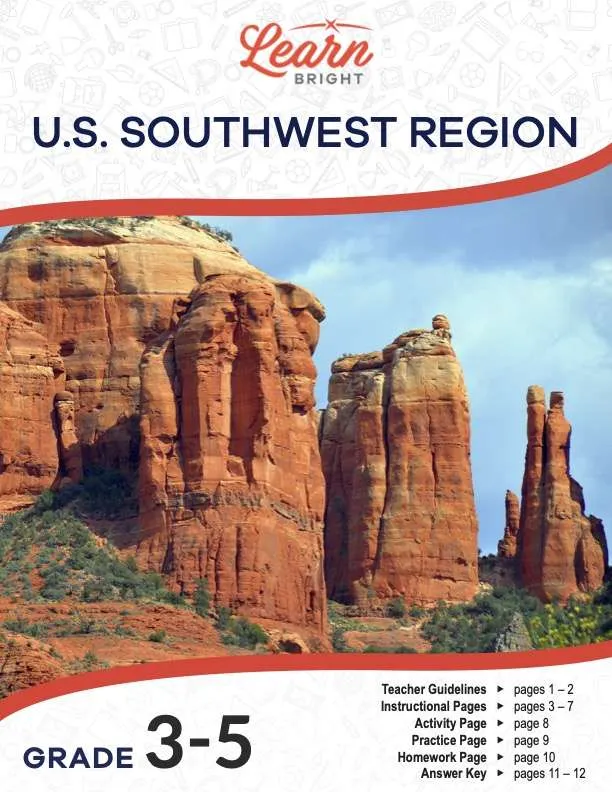 This is the title page for the United States Southwest Region lesson plan. The main image is of red plateaus or mesas that are common to the southwest region. The orange Learn Bright logo is at the top of the page.
