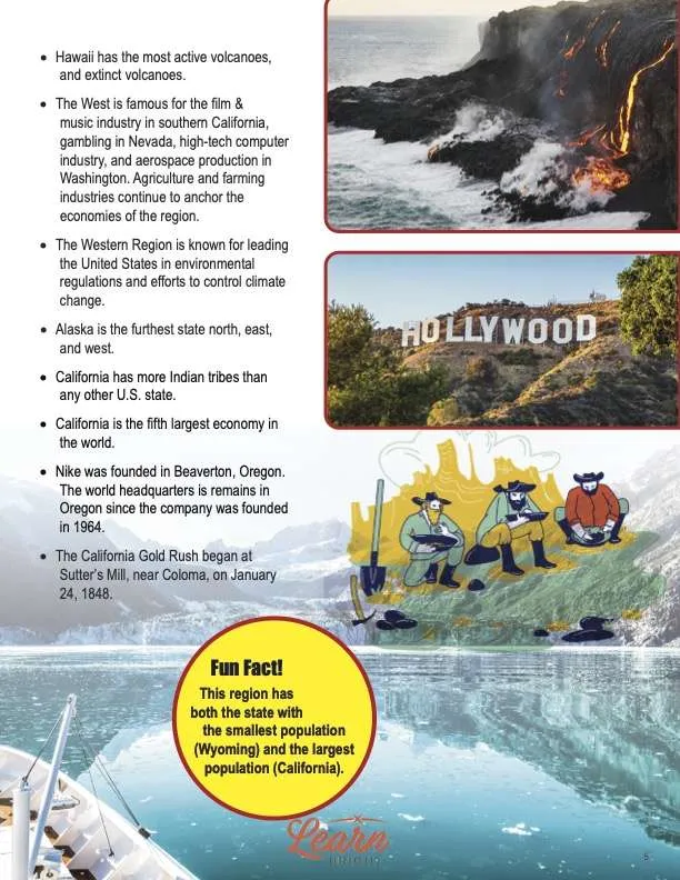 This is a content page for the United States West Region lesson plan. There are images of lava flowing over a cliff into the ocean, the Hollywood sign, and glaciers. There is a graphic of people sifting for gold in a stream. The orange Learn Bright logo is at the bottom of the page.