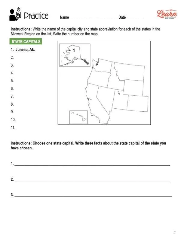 This is the practice worksheet for the United States West Region lesson plan. The orange Learn Bright logo is in the upper right corner of the page.