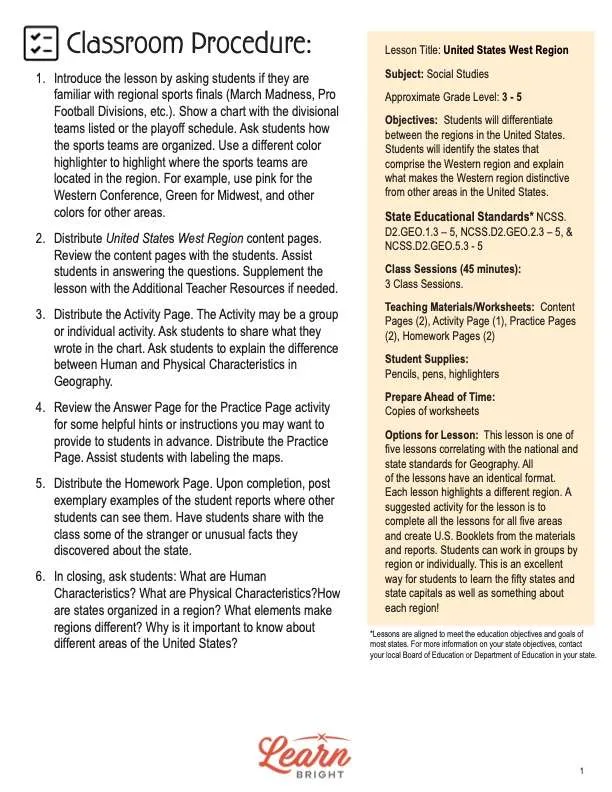 This is the teachers guide for the United States West Region lesson plan. The orange Learn Bright logo is at the bottom of the page.