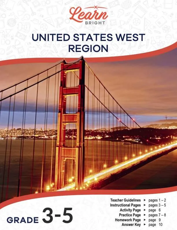 This is the title page for the United States West Region lesson plan. The main image is a photo of the Golden Gate Bridge in California. The orange Learn Bright logo is at the top of the page.