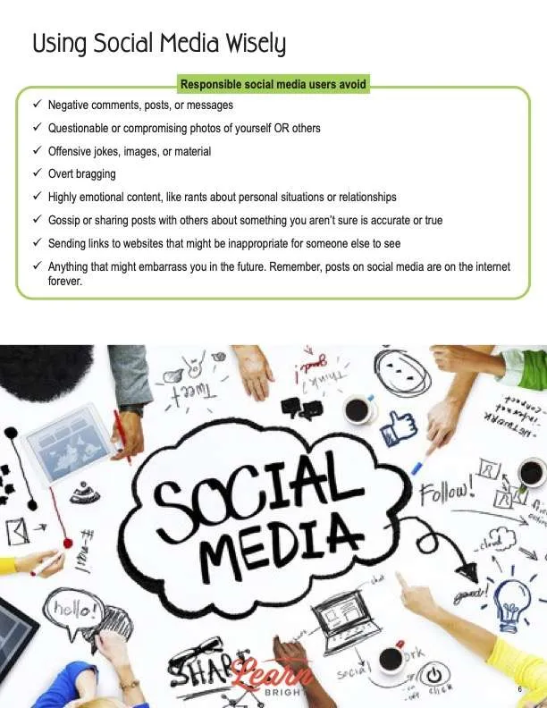 This is a content page for the Using Social Media Wisely lesson plan. There is a graphic of a bunch of social media–related images and icons. The orange Learn Bright logo is at the bottom of the page.