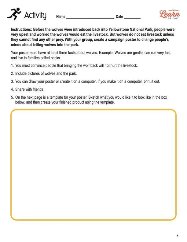 This is the activity worksheet for the Wolves lesson plan. The orange Learn Bright logo is in the upper right corner of the page.