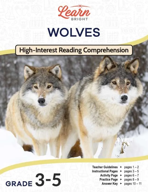 This is the title page for the Wolves lesson plan. The main image is a photograph of two wolves. The orange Learn Bright logo is at the top of the page.