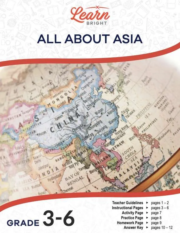 This is the title page for the All about Asia lesson plan. The main image is of a section of the globe that shows the Asian continent. The orange Learn Bright logo is at the top of the page.