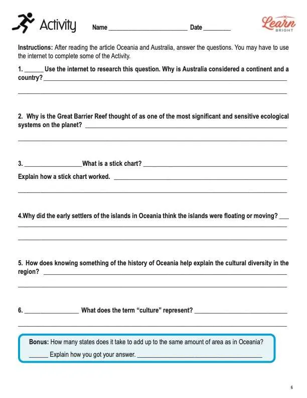 This is the activity worksheet for the Oceania and Australia lesson plan. The orange Learn Bright logo is in the upper right corner of the page.