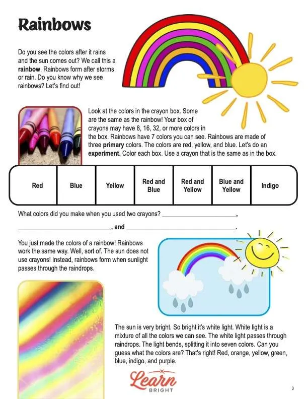 This is a content page for the Rainbows lesson plan. There are graphics around the page of different rainbows or rainbow-themed pictures. The orange Learn Bright logo is at the bottom of the page.