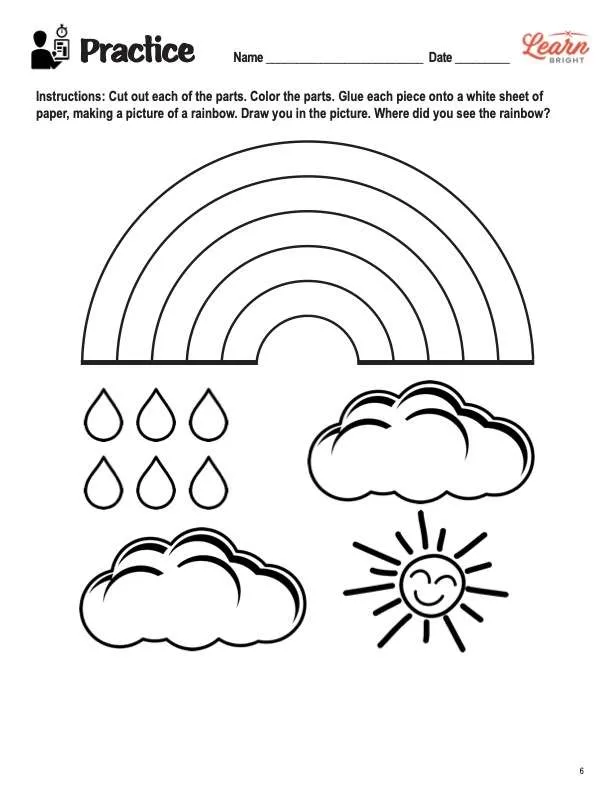 This is the practice worksheet for the Rainbows lesson plan. There are coloring page graphics for various parts of a rainbow scene, such as clouds, a sun, and rain drops. The orange Learn Bright logo is in the upper right corner of the page.