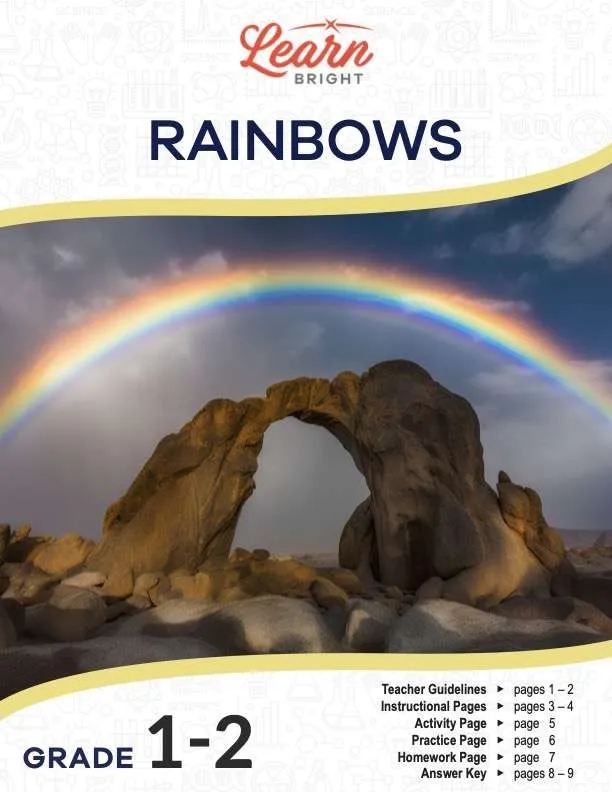 This is the title page for the Rainbows lesson plan. The main image is of a rainbow over a big rock archway. The orange Learn Bright logo is at the top of the page.