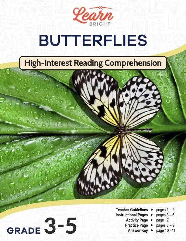 This is the title page for the Butterflies lesson plan. The main image is of a black, white, and yellow butterfly resting on a green leaf. The orange Learn Bright logo is at the top of the page.