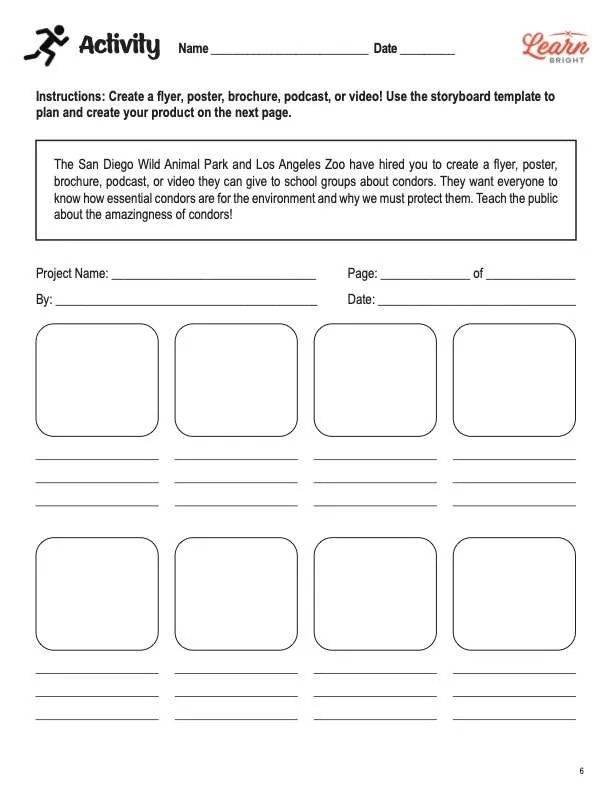 This is the activity worksheet for the Condors lesson plan. The Learn Bright logo is in the upper right corner of the page.