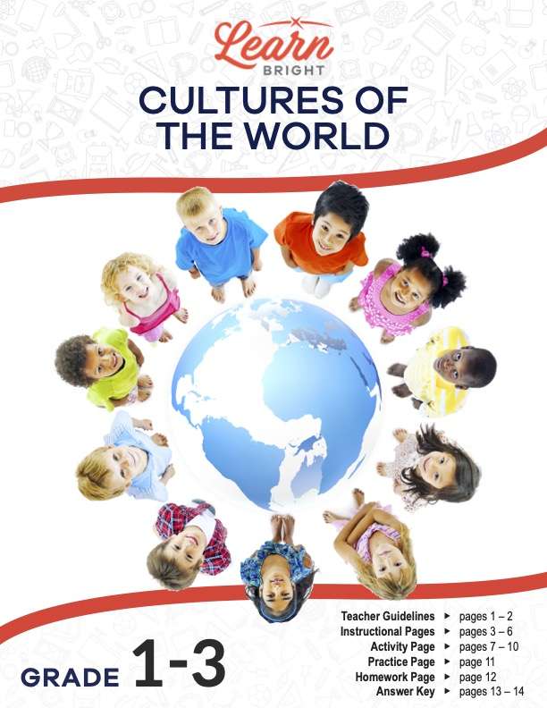 This is the title page for the Cultures of the World lesson plan. The main image is a picture of the globe with kids from different parts of the world all standing around it and looking "up" toward the camera view. The orange Learn Bright logo is at the top of the page.
