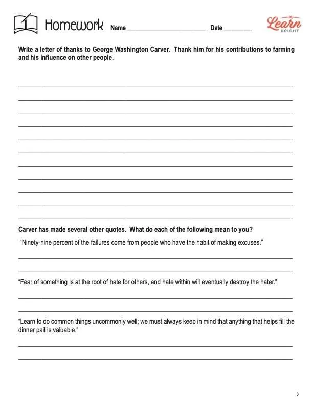 This is the homework worksheet for the George Washington Carver lesson plan. The orange Learn Bright logo is in the upper right corner of the page.