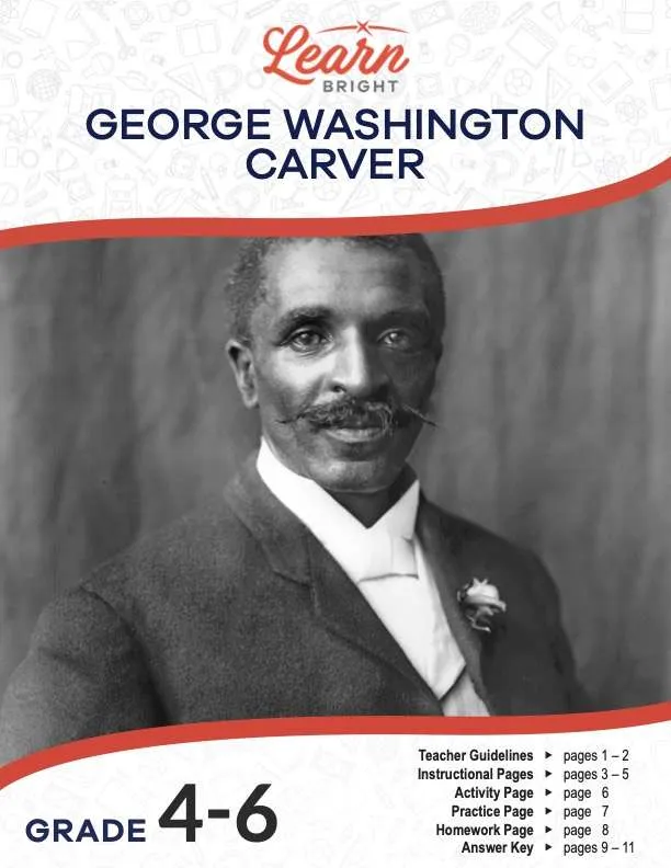 This is the title page for the George Washington Carver lesson plan. The main image is a black and white photograph of George Washington Carver. The orange Learn Bright logo is at the top of the page.
