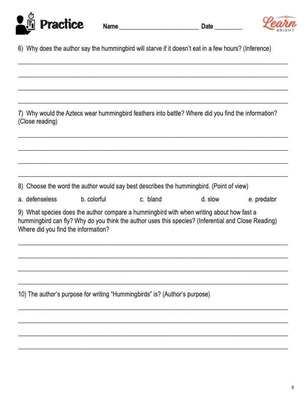 This is the practice worksheet for the Hummingbirds lesson plan. The orange Learn Bright logo is in the upper right corner of the page.