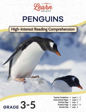 This is the title page for the Penguins lesson plan. The main image is of two penguins looking at something. The orange Learn Bright logo is at the top of the page.
