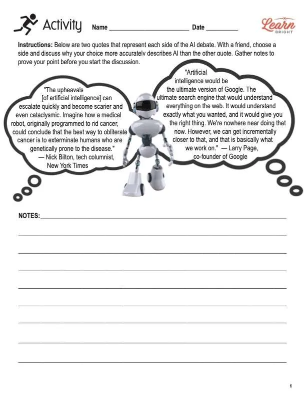 This is the activity worksheet for the Artificial Intelligence lesson plan. There is a graphic of a robot. The orange Learn Bright logo is in the upper right corner of the page.