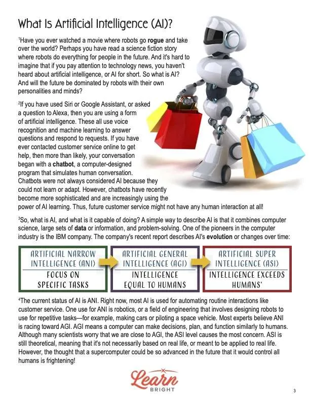This is a content page for the Artificial Intelligence lesson plan. There is a graphic of a robot carrying shopping bags. The orange Learn Bright logo is at the bottom of the page.
