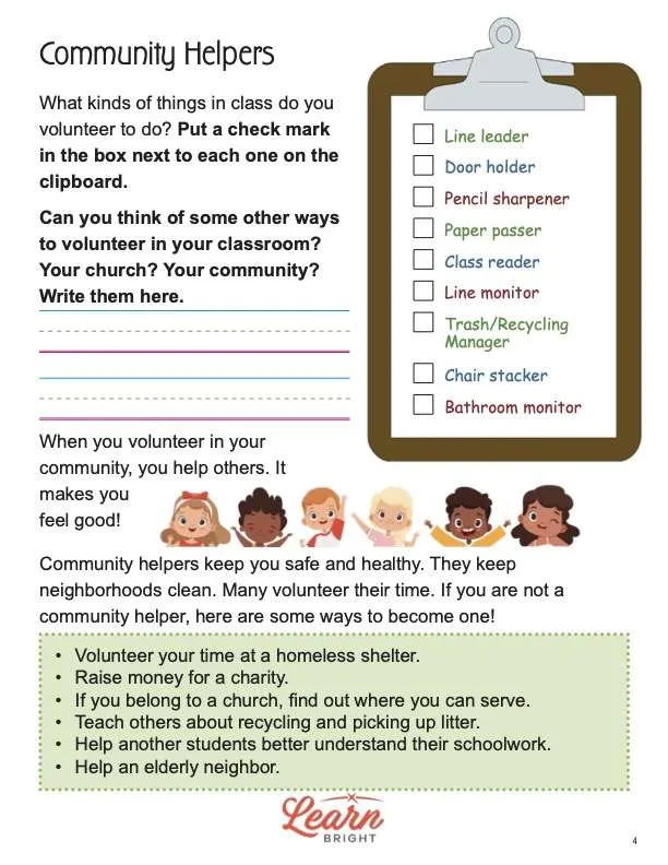 This is a content page for the Community Helpers lesson plan. There are graphics of a clip board and happy children's faces. The orange Learn Bright logo is at the bottom of the page.