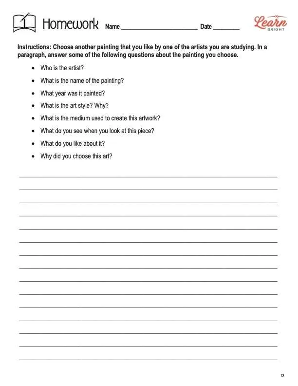 This is the homework worksheet for the Famous Artists lesson plan. The orange Learn Bright logo is in the upper right corner of the page.
