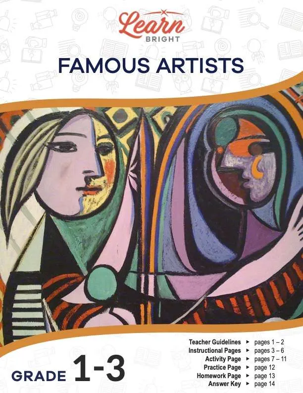 This is the title page for the Famous Artists lesson plan. The main image is of a painting by Pablo Picasso. The orange Learn Bright logo is at the top of the page.