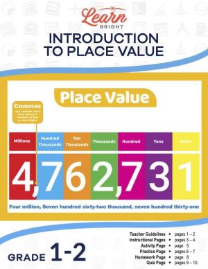 This is the title page for the Introduction to Place Value lesson plan. The main image is of a number with descriptions above each digit signifying its place value. The orange Learn Bright logo is at the top of the page.