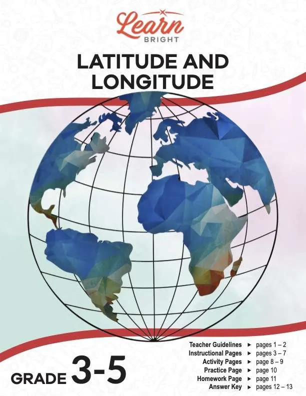 This is the title page for the Latitude and Longitude lesson plan. The main image is of the continents on a graph-like globe. The orange Learn Bright logo is at the top of the page.