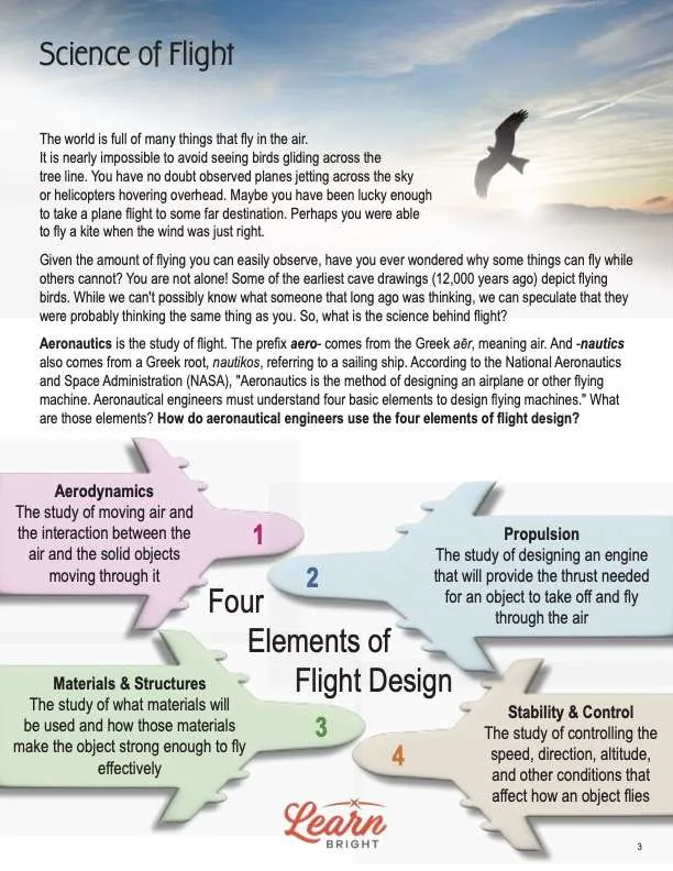 This is a content page for the Science of Flight lesson plan. There is a photo of a bird in flight. The orange Learn Bright logo is at the bottom of the page.