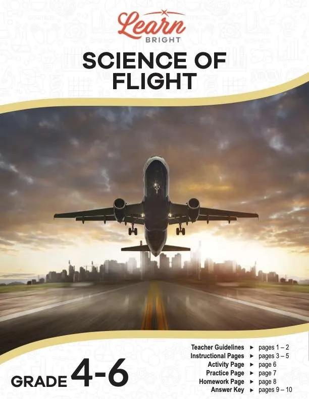 This is the title page for the Science of Flight lesson plan. The main image is of a plane during take-off. The orange Learn Bright logo is at the top of the page.
