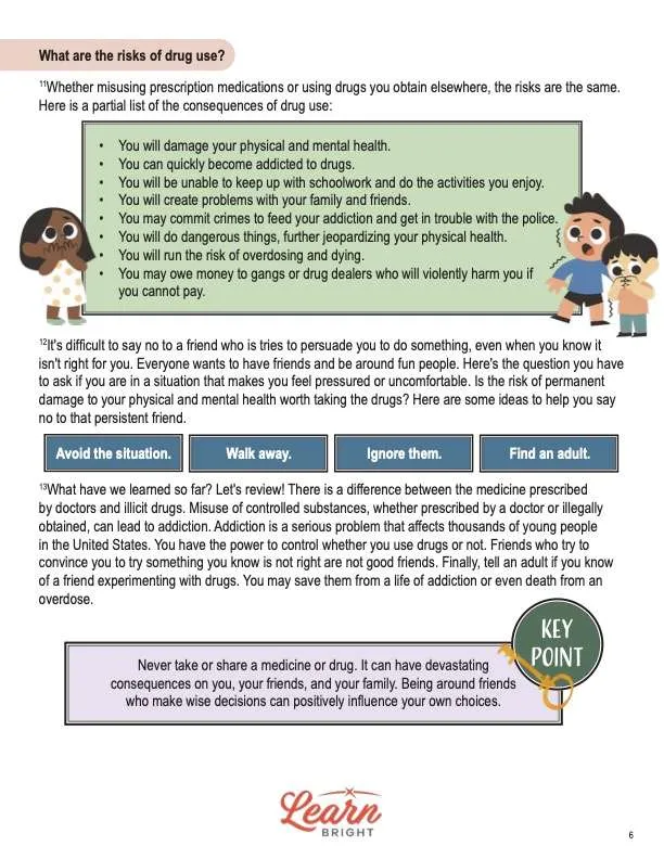 This is a content page for the What I Need to Know about Drugs lesson plan. There are pictures of kids with shocked or scared looks on their faces. The orange Learn Bright logo is at the bottom of the page.