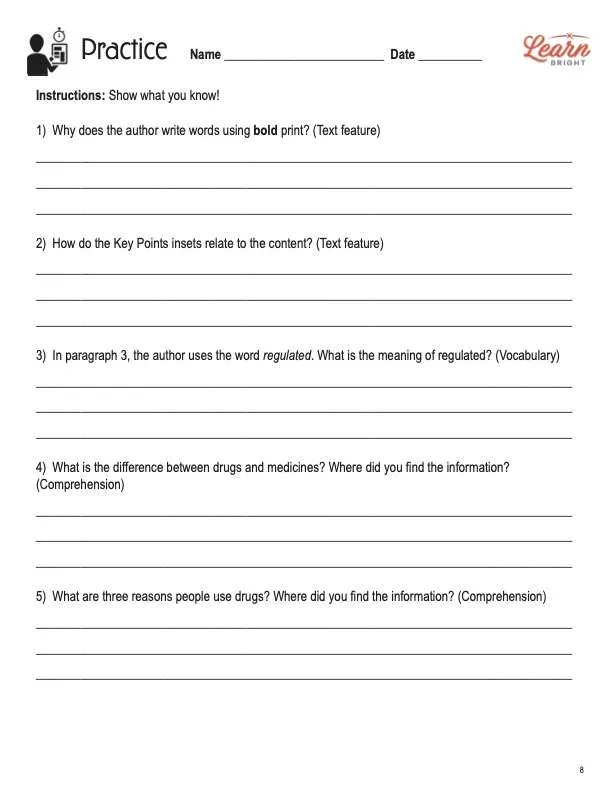 This is the practice worksheet for the What I Need to Know about Drugs lesson plan. The orange Learn Bright logo is in the upper right corner of the page.