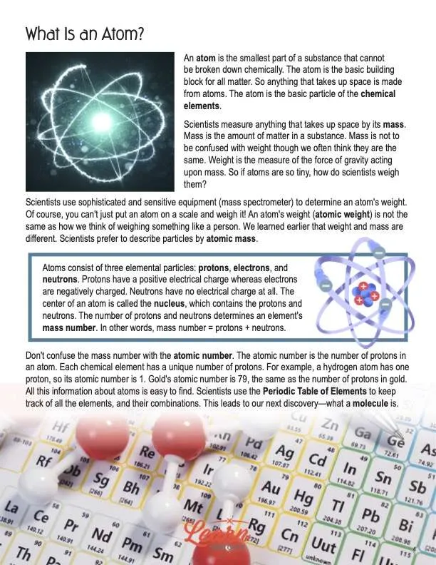 This is a content page for the Atoms, Molecules, and Matter lesson plan. There is a photo of the periodic table and two graphics of atoms. The orange Learn Bright logo is at the bottom of the page.