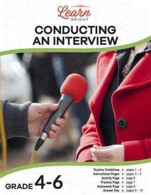 This is the title page for the Conducting an Interview lesson plan. The main image is of a woman wearing a red coat being interviewed by someone holding out a microphone. The orange Learn Bright logo is at the top of the page.