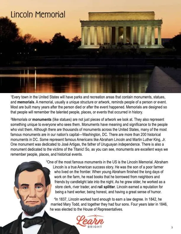 This is a content page for the Lincoln Memorial lesson plan. There is a photo of the Lincoln Memorial at dusk. There is a graphic of Abraham Lincoln. The orange Learn Bright logo is at the bottom of the page.