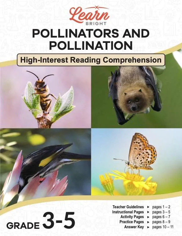 This is the title page for the Pollinators and Pollination lesson plan. The main image is a collage of four photos of a bee, a bat, a bird, and a butterfly. The orange Learn Bright logo is at the top of the page.